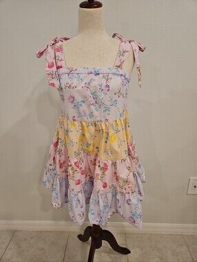 LoveShackFancy for Target XS Floral Patchwork Cotton Mini Dress Tie Shoulder